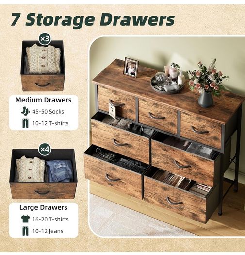 Chest of Drawers for Bedroom with 7 Drawers, Fabric Storage Drawer, Tall Brown Hallway Storage Unit