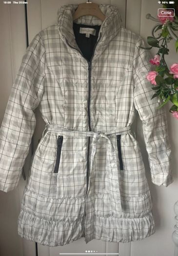 Edina ronay check down filled white & black tie belt coat size 12
