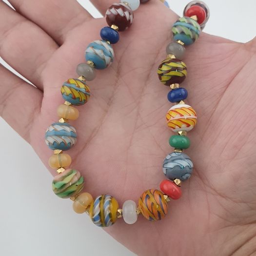 Antique Venetian Style MultiColor Stripe`Pattern Glass Beads Necklace