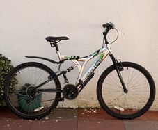 Rockway mountain bike silver and black frame with green accents and a full suspension system.