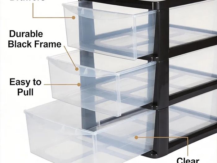4 Drawer Large Plastic Storage Unitr,Sturdy Drawer Tower Organizer, Home Office School Kids Toy Bedroom Storage Solution, With See Through Drawers for Home Office Crafts Black Clear