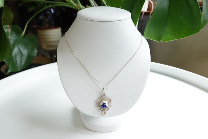 Vintage Delft Holland Windmill Necklace with Pendant Filigran