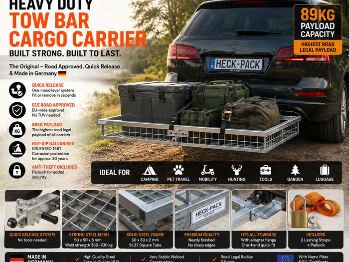 Galvanised Tow Bar Cargo Carrier with Quick Release 89kg Payload and ECE Approval