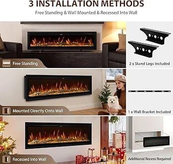 3 IN 1 Electric Fire 152cm/60" Wall Mounted/Recessed/Freestanding Electric Fireplace with Remote & Touch Screen Control 12 LED Color Flame Effect, 2 Heat Power 900W&1800W
