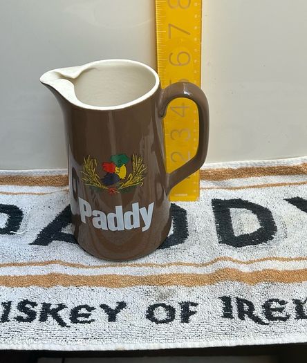 Vintage Paddy Whiskey Water Jug and  Paddy advertising bar towel