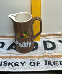 Vintage Paddy Whiskey Water Jug and  Paddy advertising bar towel