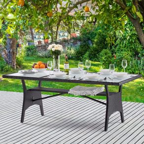 Polyrattan Garden Table with Shelf, Safety Glass Top