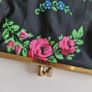 Vintage 1960s black purse with floral pattern pink green lipstick make up brass clasp retro Image 4