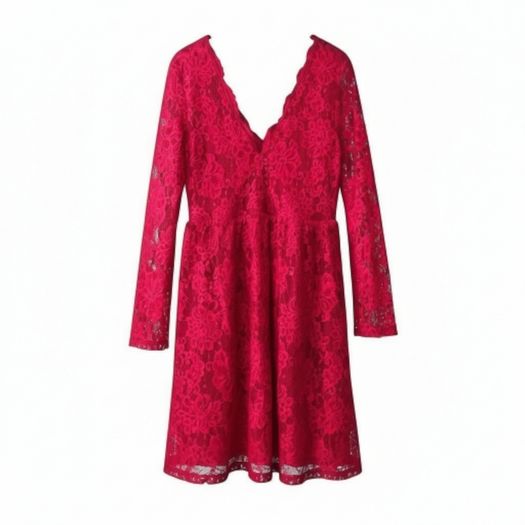 H&M red lace long sleeve V-neck, A-line skirt dress size 10