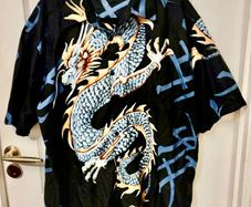 Vintage 90s Ninety Black Dragon Button Up Shirt Short Sleeve Kanji Print Harajuku Streetwear Y2K XL
