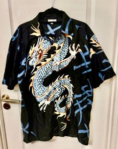 Vintage 90s Ninety Black Dragon Button Up Shirt Short Sleeve Kanji Print Harajuku Streetwear Y2K XL