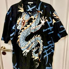 Vintage 90s Ninety Black Dragon Button Up Shirt Short Sleeve Kanji Print Harajuku Streetwear Y2K XL
