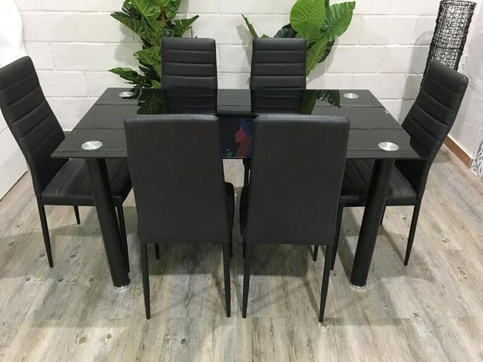 Black Modern Glass Dining Table Set Seats 6