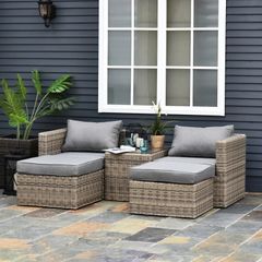 5 Pcs Rattan Garden Furniture Set w/ Tall Glass-Top Table Aluminium Frame Plastic Wicker Thick Soft Cushions Comfortable Outdoor Balcony Home Sofa - Brown