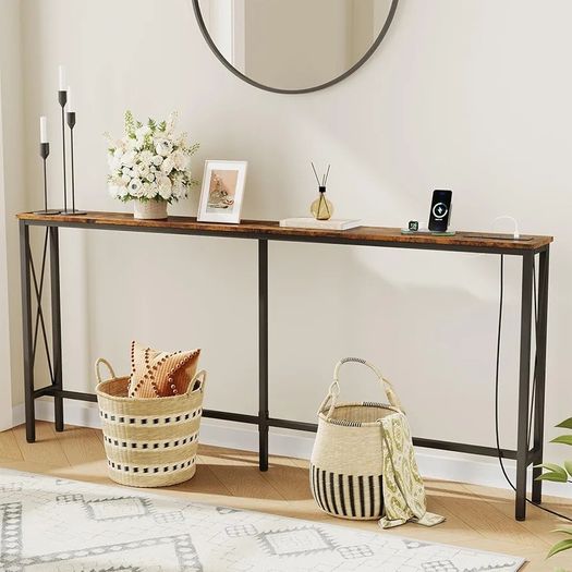 Narrow Console Sofa Table with Power Outlets, Total 180cm Long Behind Couch Table with Charge Station, 20cm D x 180cm W x 78cm H, Rustic Brown
