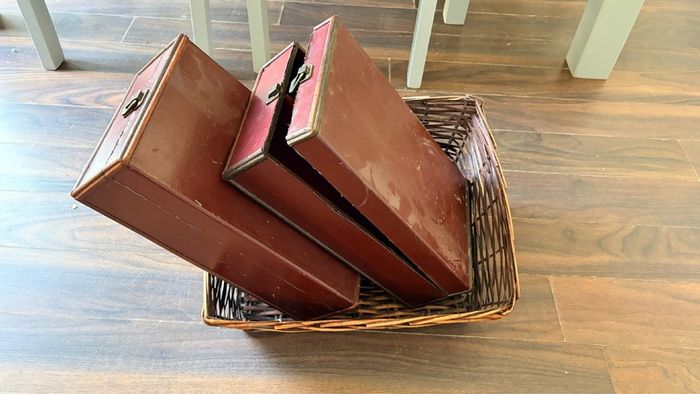 Vintage wine cases and Wicker basket