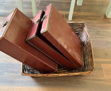 Vintage wine cases and Wicker basket