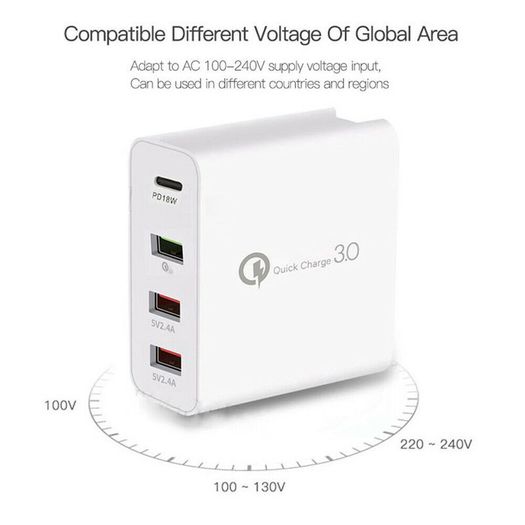 QC 3.0 & PD USB 4 Ports Wall Fast Charger 48W [2 Power Plugs (US/UK)] (Brand New/Warranty)