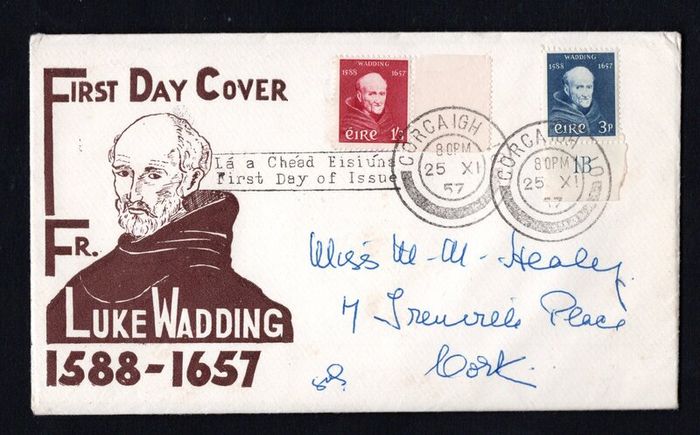 1957 Ireland 300th Anniversary of the Death of Fr. Luke Wadding F.F.M (Scholar & Churchman) Commemorative Stamps Illustrated First Day Cover (FDC) with Corcaigh (Cork) cancel