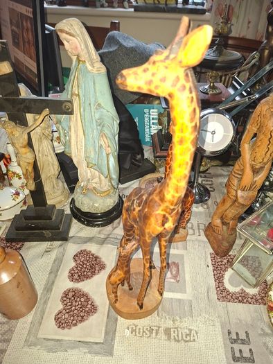 Very Large Vintage Hand Carved Wooden Mother & Baby Giraffe African Folk Art Sculpture and another Giraffe, 3 in total