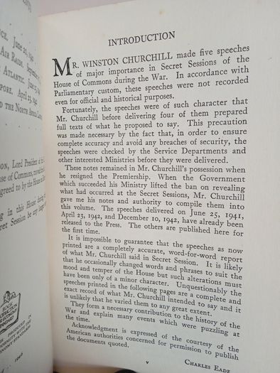 Secret Speeches by The Right Hon, Winston S. Churchill Compiled by Charles Eade (HQ873)