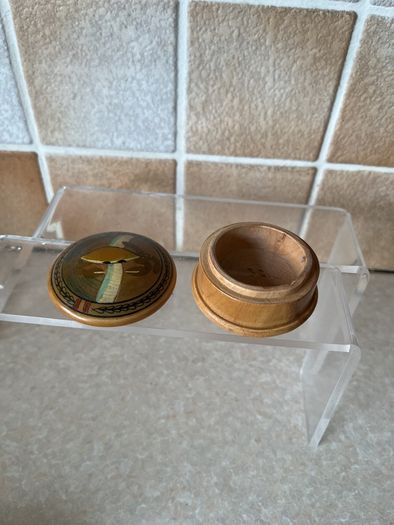 Vintage Handpainted Terracotta Ashtray & Round Carved Wooden Handpainted Trinket Box