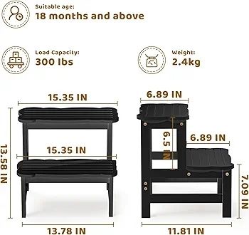 Kids Step Stool for Bathroom  Wodden Two Step Stools 300 lbs Capacity with Safety Non-Slip Pads - Cute Toddler Step Stool for Toilet Bathroom Sink (Black)