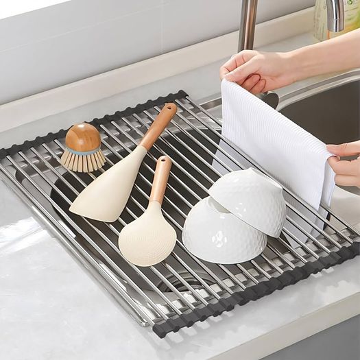 Stainless Steel Over Sink Drainer Rack, Foldable and Removable Drying Mat for Board, Fruit, Vegetables. Kitchen Organiser & Accessories for Sponge Holder Black 43 x 35