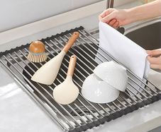 Stainless Steel Over Sink Drainer Rack, Foldable and Removable Drying Mat for Board, Fruit, Vegetables. Kitchen Organiser & Accessories for Sponge Holder Black 43 x 35