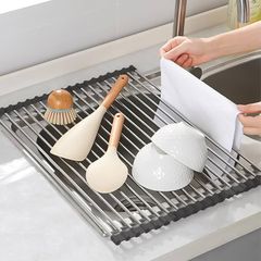 Stainless Steel Over Sink Drainer Rack, Foldable and Removable Drying Mat for Board, Fruit, Vegetables. Kitchen Organiser & Accessories for Sponge Holder Black 43 x 35