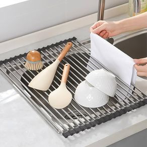 Stainless Steel Over Sink Drainer Rack, Foldable and Removable Drying Mat for Board, Fruit, Vegetables. Kitchen Organiser & Accessories for Sponge Holder Black 43 x 35