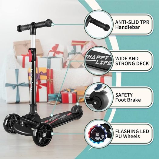 Kids Scooter - Big Wheels Foldable Kick Scooter with Flashing LED Lights for Boys Girls, 4 Levels Height Adjustable, 3 Wheel Scooter for Kids Ages 3-10 with Safe Lean to Steer Design