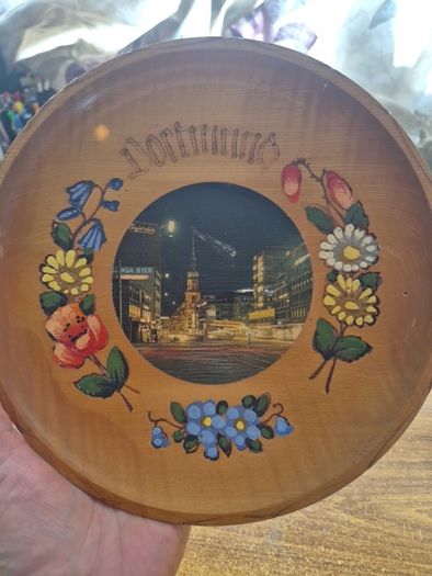 Vintage Wooden Dortmund Hanging Plate | 1960s Hand Painted Wood Burned Plate