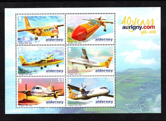2008 Alderney 40th Anniversary of Aurigny Air Service Commemorative Stamp Miniature Sheet Mint Never Hinged (MNH)