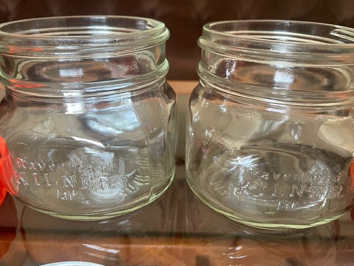 Pair Vintage 500ml 1970s Ravenhead Glass Kilner Jars With Orange Screw Lids
