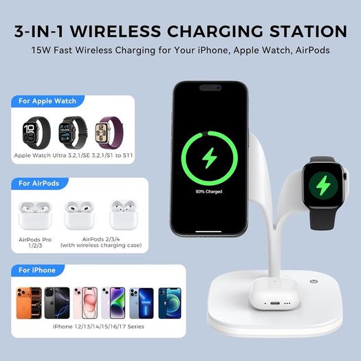 3 in 1 Wireless Charging Station for Apple Devices, MagSafe Wireless Charger Magnetic Charging for iPhone 17/Air/16/15/14/13/12 Series, AirPods Pro 4/3/2,Apple Watch Series/Ultra (with 20W PD Charger)