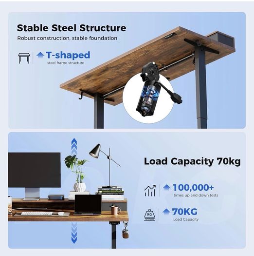 Electric Adjustable Height Desk, with 2 Fabric Drawers, 120x60cm 72-116cm Height, Stable Sit-Stand Standing Desk w. 2 Memory Buttons, Computer Desk for Home Office, 2 pcs Desktops, Brown