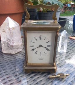 C Packer and Co of Regent Street, London, French interior, antique carriage clock, D18 reg post 15e
