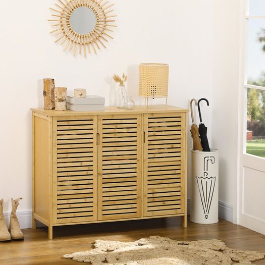 Natural Bamboo Shoe Cabinet, 2 Cupboard Doors with 8 Storage Shelves, Wooden Shoe Organiser