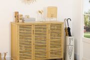 Natural Bamboo Shoe Cabinet, 2 Cupboard Doors with 8 Storage Shelves, Wooden Shoe Organiser