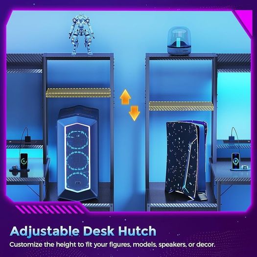 Gaming Desk with Drawers & Display Shelves, 138/48 cm Computer Desk with LED Lights & Sockets, Reversible PC Gaming Table with Monitor Stand, Carbon Fiber Black