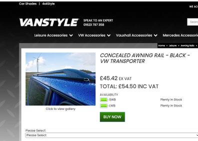 VW T6 C-channel Awning rail + driveaway kit (2.65m length, 6mm bead)