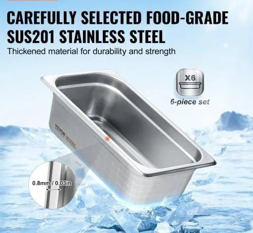 6 Pack Hotel Pans, 1/3 Size Anti-Jam Steam Pan, 0.8mm Thick Stainless Steel Restaurant Steam Table Pan, 4-Inch Deep Commercial Table Pan, Catering Storage Food Pan, for Industrial & Scientific