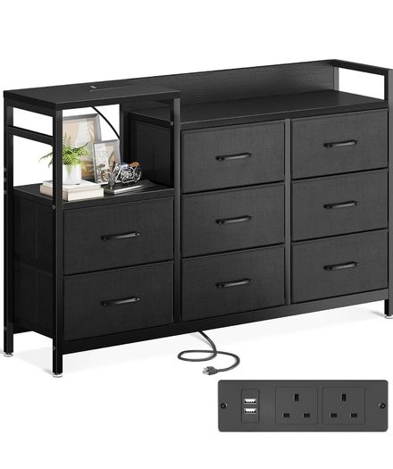 Black Chest of Drawers Bedroom, 8 Fabric Drawers, 30x132x88cm Contains 2 USB & 2 AC Ports Sockets, Storage Dresser with 8 Fabric Drawers Suitable for Bedrooms, Living Rooms