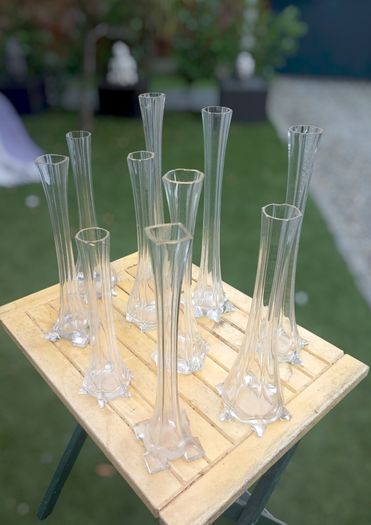 11 Art Noveau glass stem vases, bought in Vienna 70s, D18