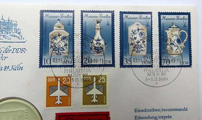 Meissen token Vintage East Germany DDR Philatelic stamp exhibition 1989 Cologne cover