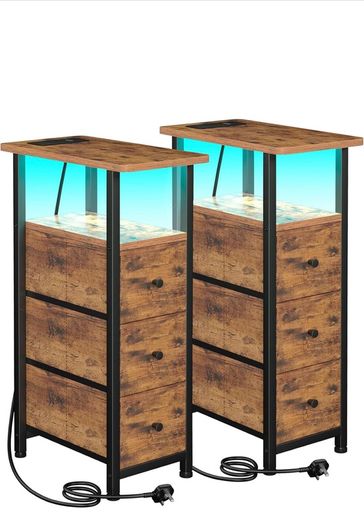 Slim Bedside Table Set of 2 with Charging Station