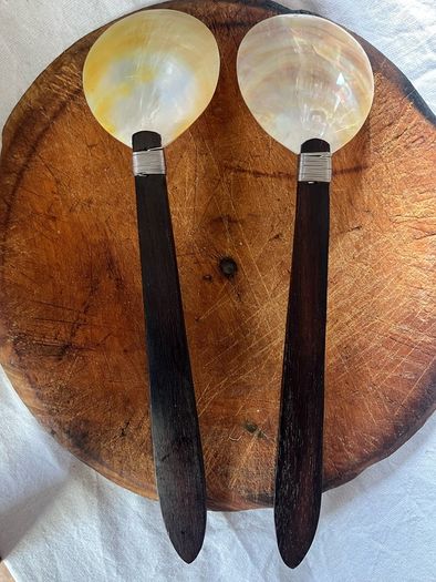 Vintage Mother of Pearl Serving Spoons Pair Caviar Fish Shell Spoon Wooden Handle serving spoon