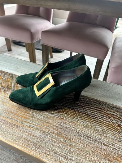 Vintage Christian Dior green heels with gold buckle