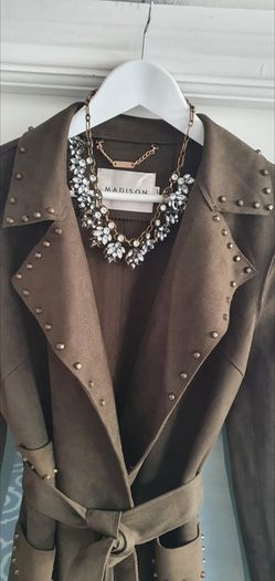 MADISON khaki midi length coat with stud detail open front with tie Sz L (12-16 UK) - Rrp 289 (New)